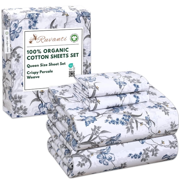 RUVANTI 100% Organic Cotton Sheets - Queen Sheet Set - 4 Piece Percale Weave Bedding, Crisp, Cooling & Breathable, Soft & Durable, 16" Deep Pocket, Hotel Quality Sábanas - Deluxe