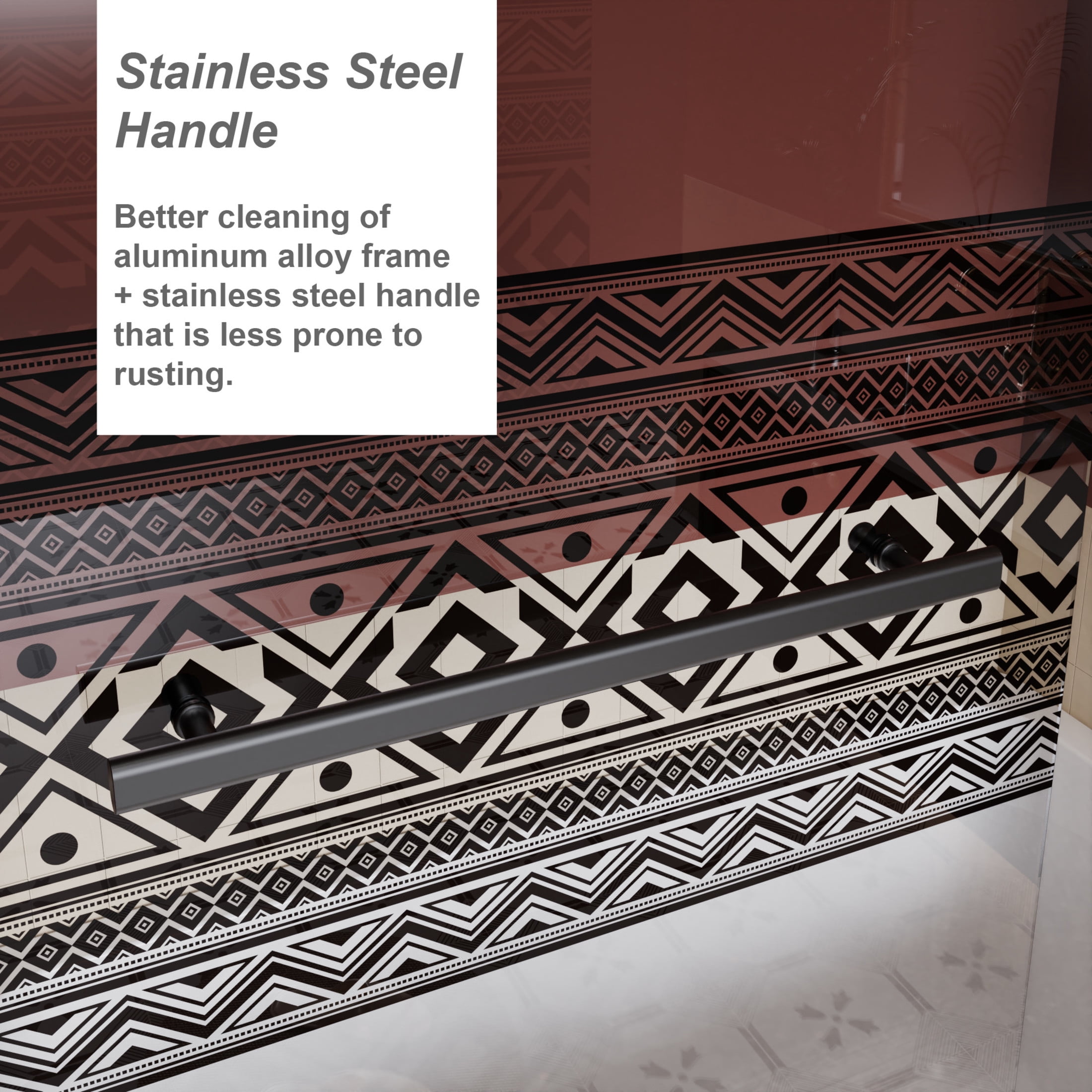 Noble House 32" x 55" Bathtub Shower Door, Bohemian Pattern Tempered Glass with Stainless Steel Handle, Matt Black