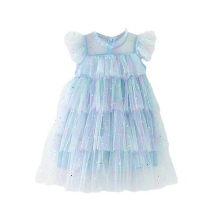 

XBASW Toddler Baby Girl Stutu Tulle Princess Dresses Sequin Mesh Dress Kids Summer Fly Sleeve Rainbow Sundress 2-9T