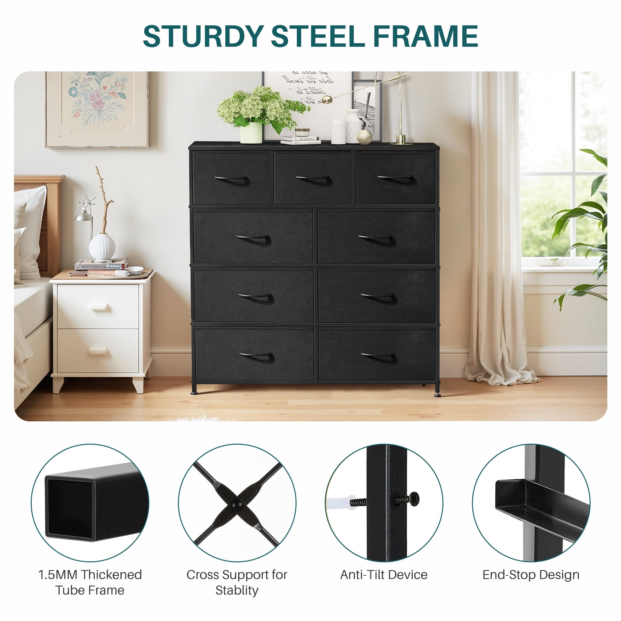 Nextay 9-Drawer Fabric Dresser for Bedroom, Storage Dresser Closet with Steel Frame & Wooden Top for Living Room, Dressing Room, Entryway, Black
