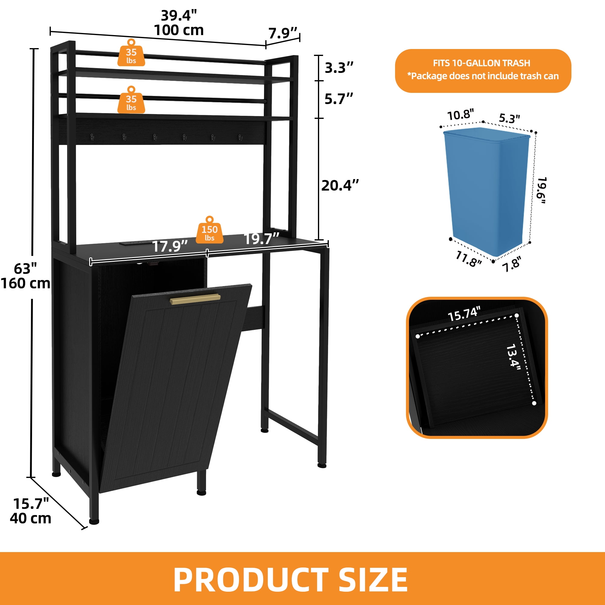 Craftian 3-Tier Mini Fridge Bakers Rack with 10-gal Trash Cabinet & Charging Station, Black