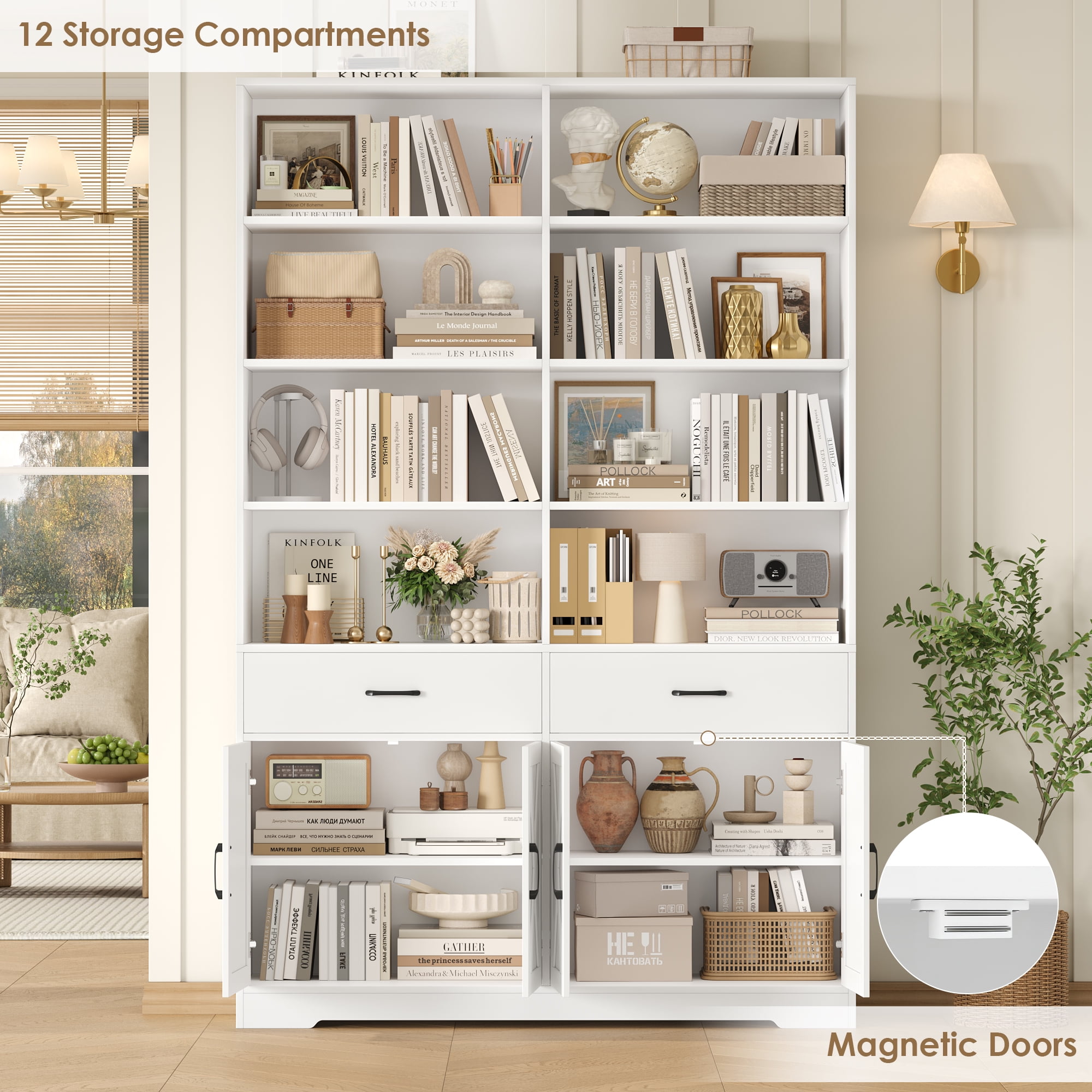 Hiphuta 78" Tall Double Row Bookcase with 2 Drawers, Farmhouse Large Bookshelf with Cabinet, Storage Bookcase with Doors for Office Living Room, White