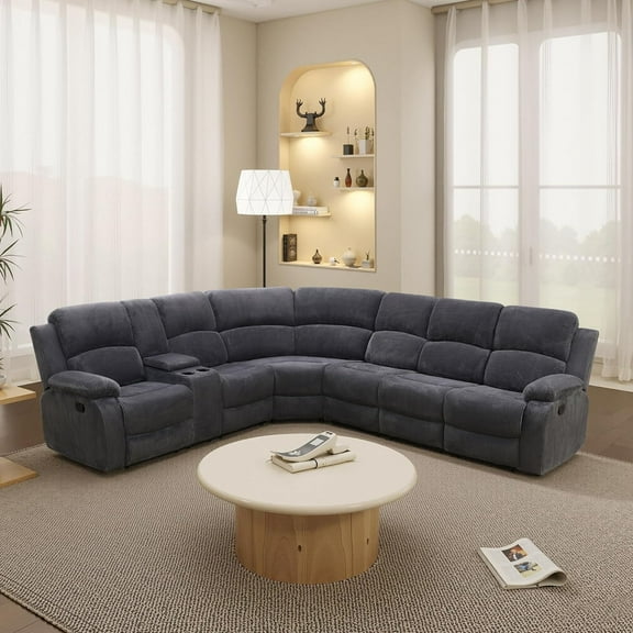 Recliner Sofa Set ,Manual Reclining Sectional Couch Set with Cup Holders,Living Room Furniture,Corduroy L-Shaped Recliner Couch Set for Living Room Home Office (Dark Grey, Sectional)