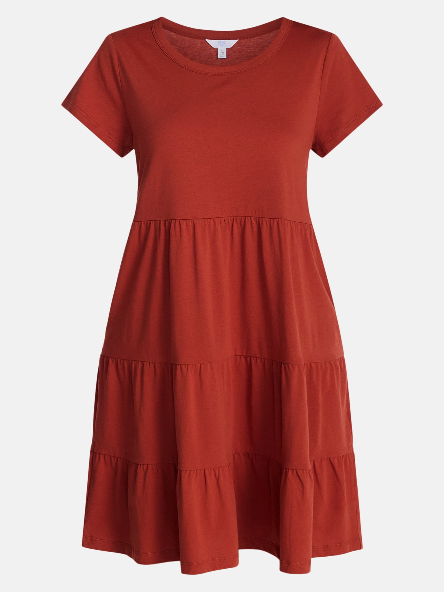 Time and Tru Women's and Women's Plus Size Tiered Cotton Dress with Short Sleeves, Sizes XS-4X