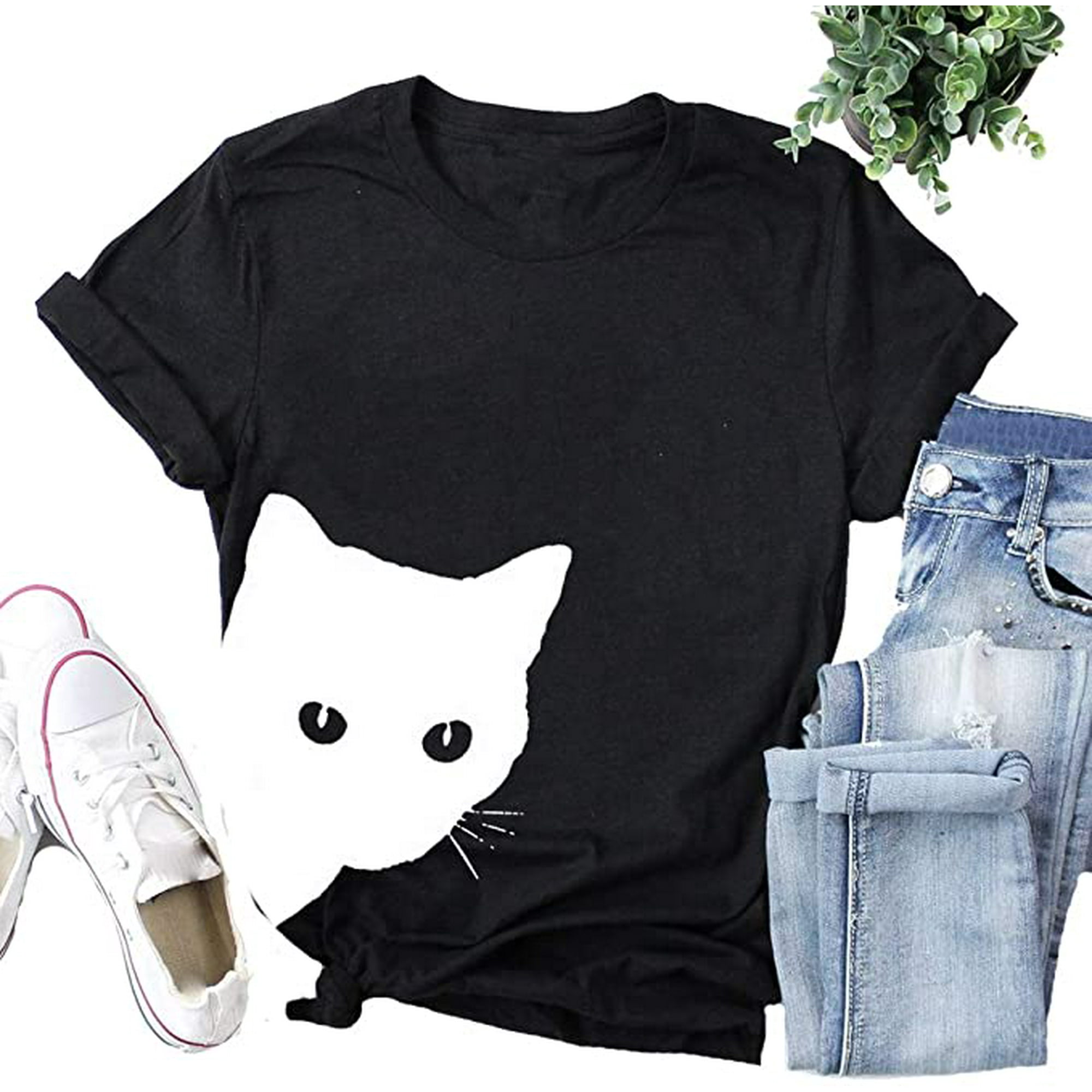 YourTops T-Shirt Femme Mignon Chat (US m, 1-Noir)