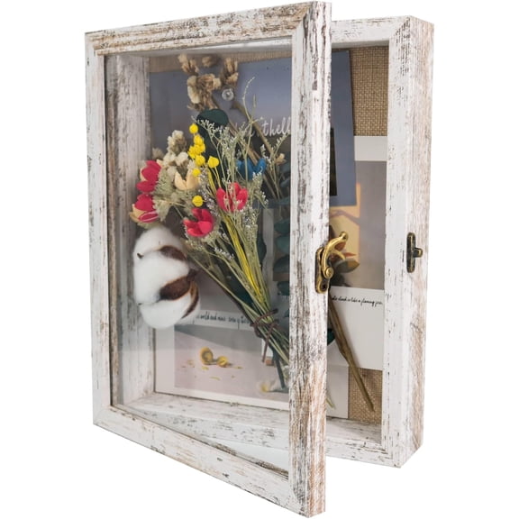 8x10 Wood Shadow Box Frame Glass Door Display Case with Linen Back and 6 Stick Pins,1.5 inches Interior Depth,Ideal for Memorabilia Pictures Flowers Medals Tickets Rustic White