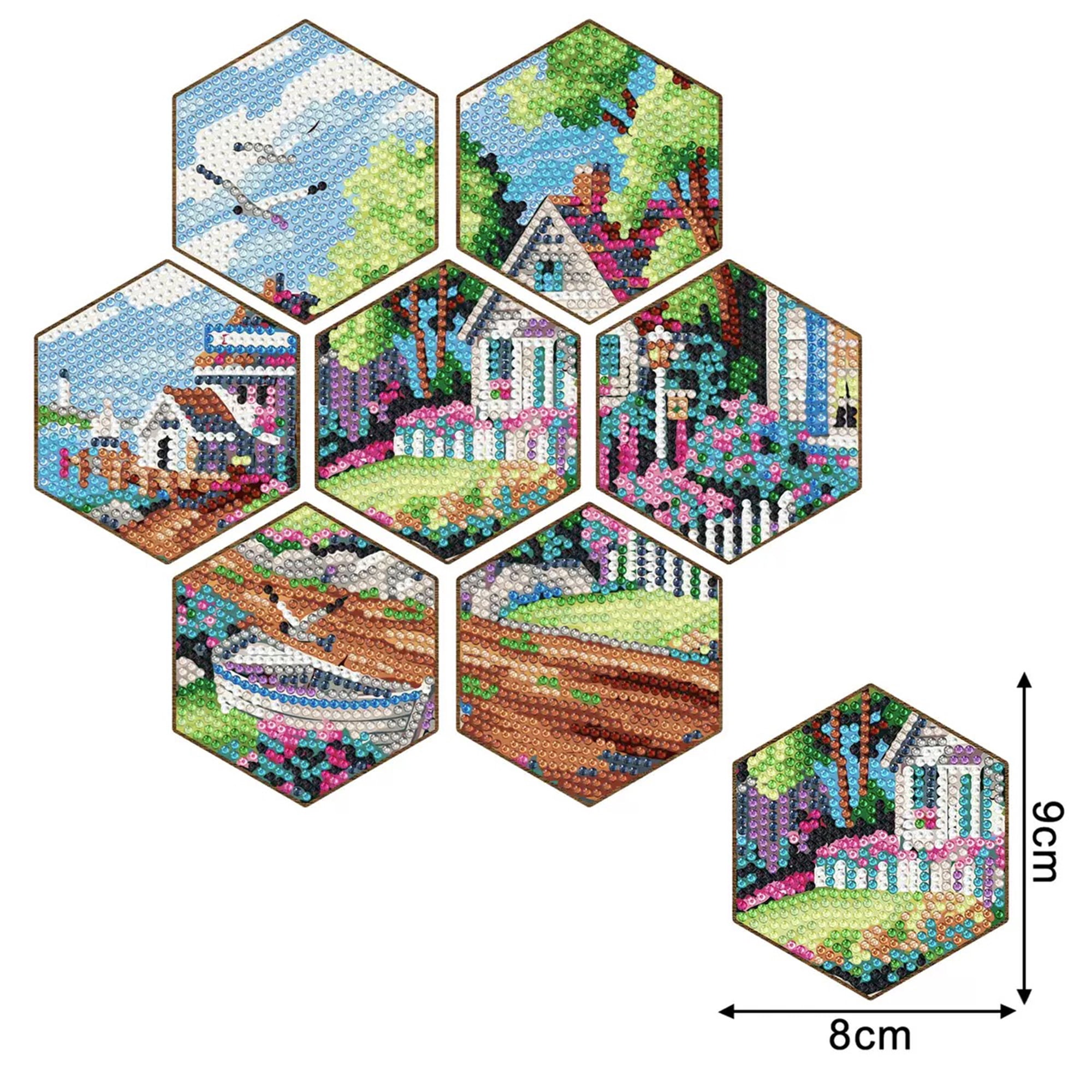 YIFEI Hexagon Diamond Art Coasters Kit with Holder 7 Pcs Coastal Cottage Diamond Painting Coasters Seaside Village DIY Craft Kit for Adults Beginners Gift