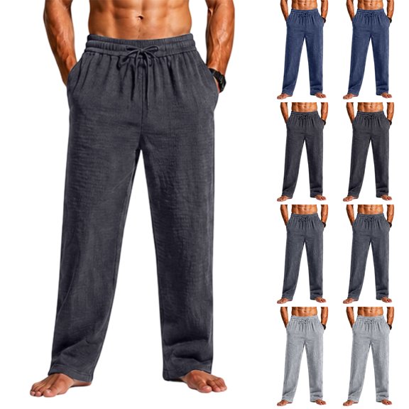 Men's Straight Leg Waffle Pants,Elastic Drawstring Waist Loose Fit Casual Trousers, Lightweight Breathable Textured Daily Streetwear Clothes with Pockets Black 2XL