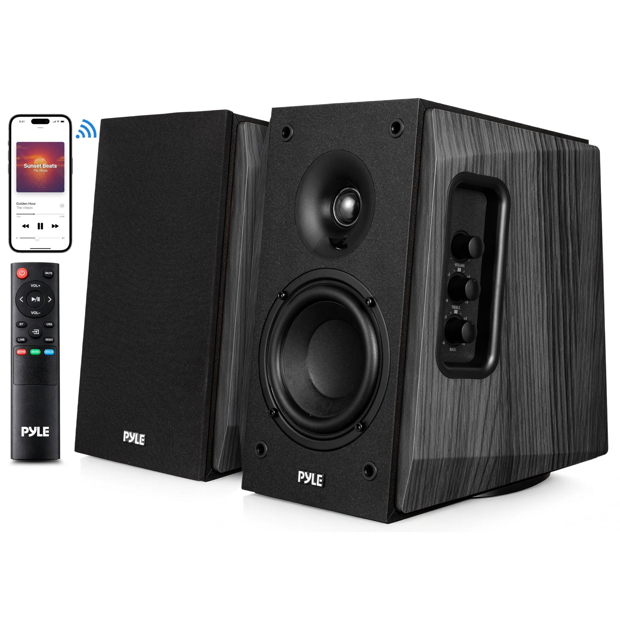Pyle Powered Bookshelf Speaker System – 80W Bluetooth Active Stereo Speakers with ARC, Optical & Coax Inputs, Subwoofer Out, Bass Reflex Wood Cabinet for Home Theater & Studio (Pair)