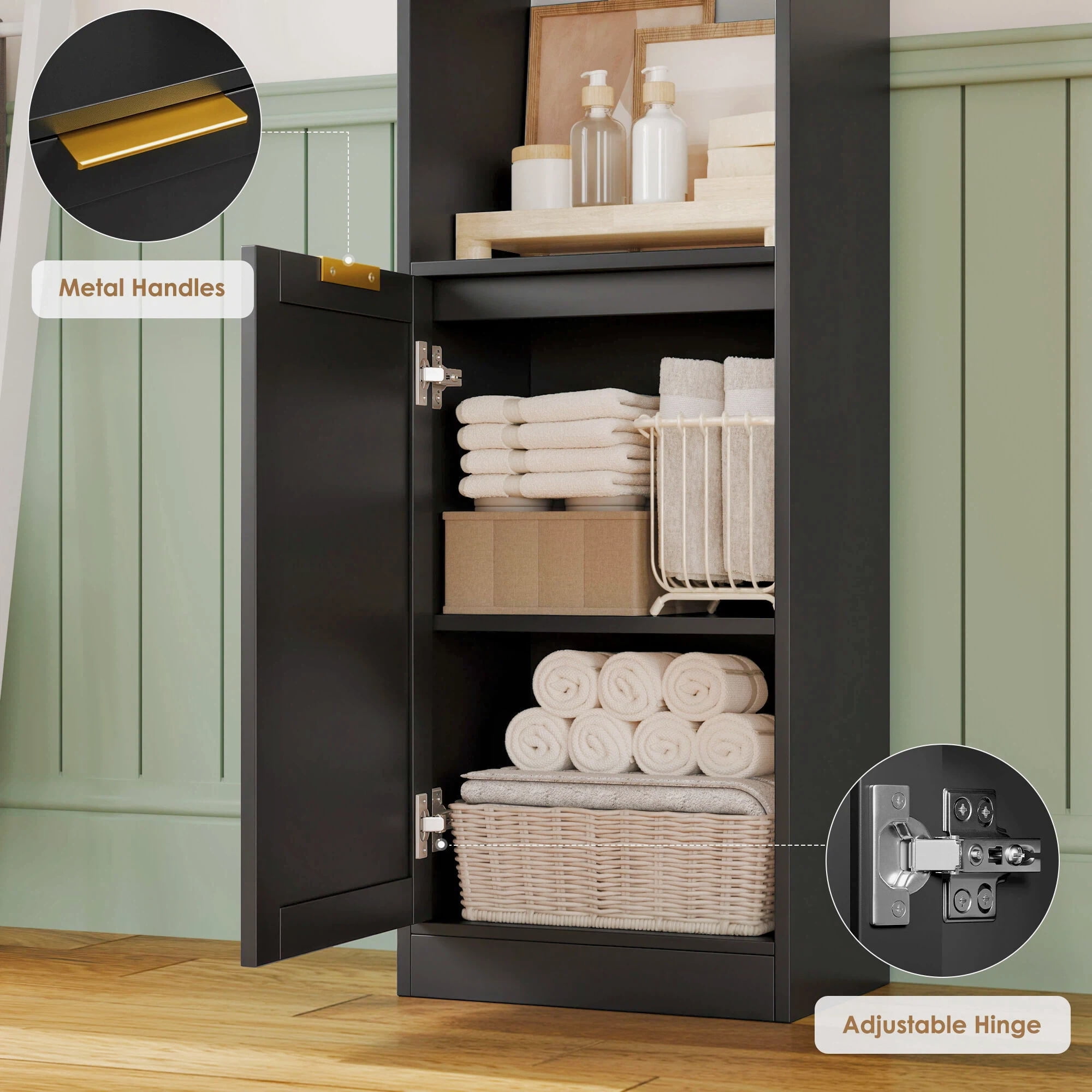 Hiphuta 73.5" Tall Bathroom Storage Cabinets with Adjustable Shelves, 6-Tier Narrow Cabinet, Bathroom Storage Tower for Small Spaces, Black