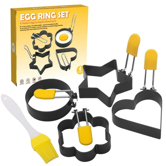 HongHeng Professional Egg Ring Circle Heart Flower Star Shapes 4 Pack Nonstick Egg Maker Molds with Silicone Handle for Egg Frying Shaping Griddle Sandwiches Omelette Pancake Burger