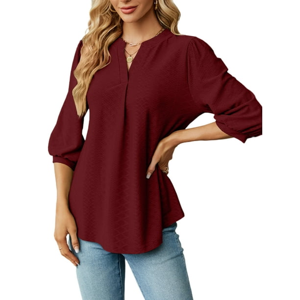 Innerwin Tops Solid Color Women Tunic Blouse Dailywear V Neck