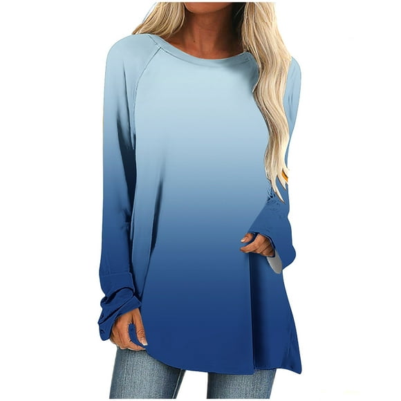 Yuyuzo Womens Long Sleeve Crewneck T Shirts Dressy Casual Loose Tops and Blouses Trendy Printed 2023 Flowy Tunics Blue A1