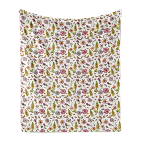 Hummingbird Soft Flannel Fleece Throw Blanket, Spring Time Nature Awakening Singing Birds Flying Butterflies, Cozy Plush for Indoor and Outdoor Use, 60" x 80", Earth Yellow Multicolor, by Ambesonne