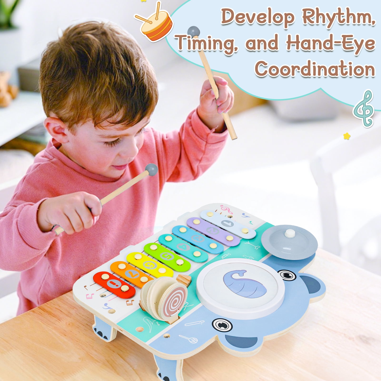 Wdmiya Baby Piano Xylophone for Toddlers 1-3, 6-in-1 Wooden Kids Musical Instruments, Music Toys with Drum Keyboard Sheet Music, Preschool Educational Birthday Gitfs for 1 2 3 Years Old Boys Girls