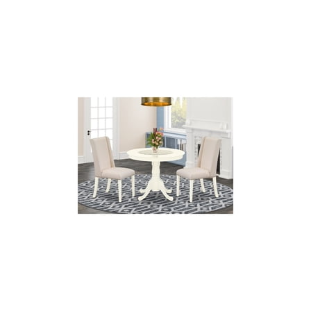 Modern 3-Piece Dinette Set - Round Table & 2 Cream Linen Chairs - Kitchen Dining Room Furniture