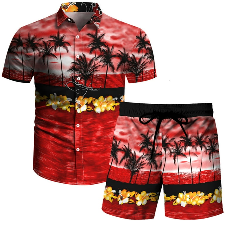 ZCFZJW Mens Casual Button Down Short Sleeve Shirt Set Hawaiian Tropical  Palm Tree Printed Shirts and Drawstring Shorts with Pockets 2 Piece Beach  Outfit Yellow XXXL 