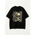 thumbnail image 2 of Women's Oversized Black T-Shirt with Skull and Floral Graphic, Loose Fit Vintage Streetwear Tee Top, 2 of 7