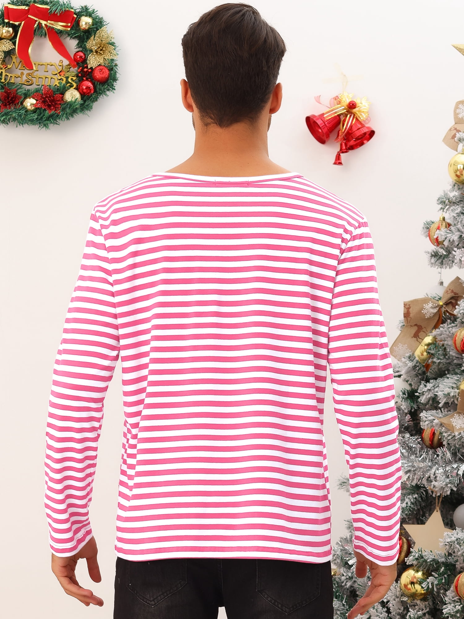 Unique Bargains Men's Striped T-Shirt Crew Neck Long Sleeves Pullover Tee Tops L Pink