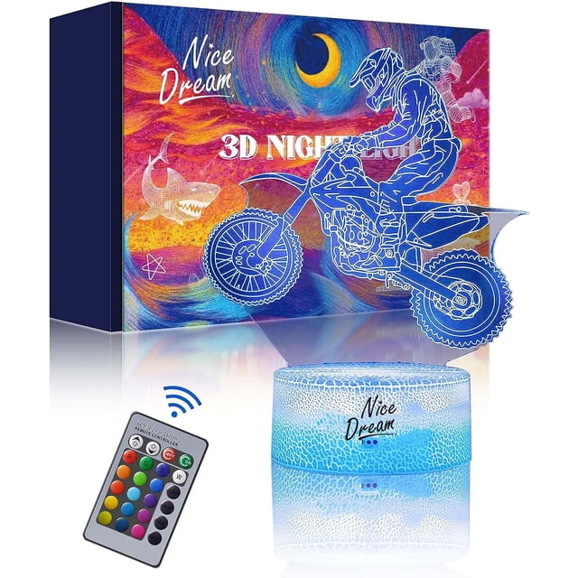 Luz de noche de motocicleta para niños, lámpara de ilusión 3D, 16 colores cambiantes con control remoto, decoración de habitación, regalos para niños, niñas y niños