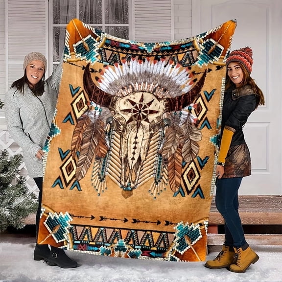 Bohemian Tribal Bull Skull & Feathers Flannel Blanket - Geometric Southwestern Design, Anti-Tear, All-Season Soft Warmth for Home Decor, Camping
