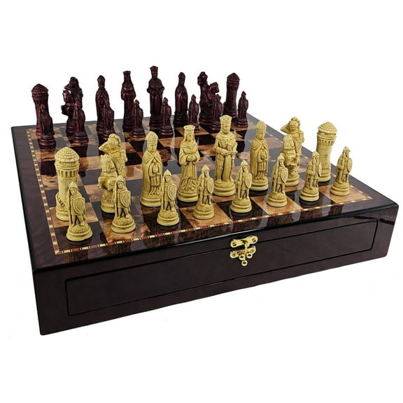 LARGE Medieval Times King Arthur Camelot Chess Set 20"Cherry Color Storage Board