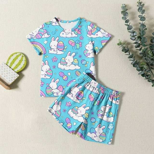 Ensemble de Pyjamas de Pâques pour Filles Mignon Lapin Tenue Col Rond Manches Courtes Tee Shorts Ensemble de Pyjamas Vêtements de Nuit pour Filles