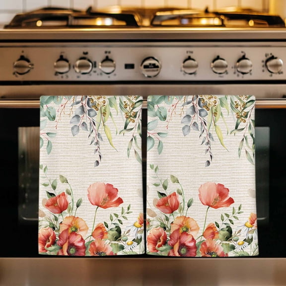 Red Poppy Kitchen Towels Set of 4, Farmhouse Country Vintage Flower Leaf Plant Absorbent Dish Towels for Kitchen, Microfiber Hand Towel, Quick Drying Tea Towel for Cleaning Decorative Dishcloths