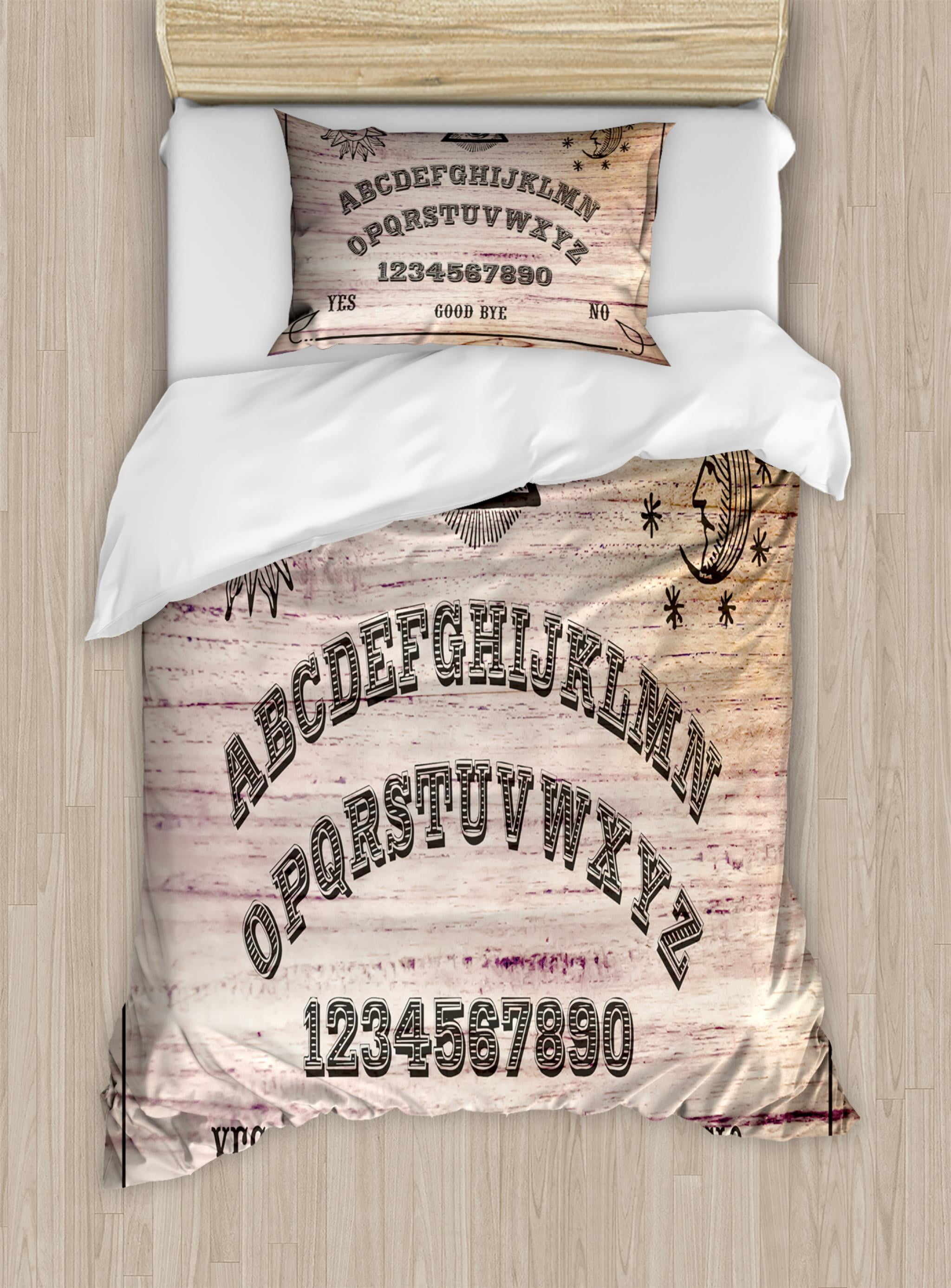 Ouija Board Duvet Cover Set Wooden Texture Talking Spirit Ouija Board Duvet Cover Set Wooden Texture Talking Spirit With Alphabet Letters Decorative Bedding Pillow Shams Dark Taupe Beige Warm