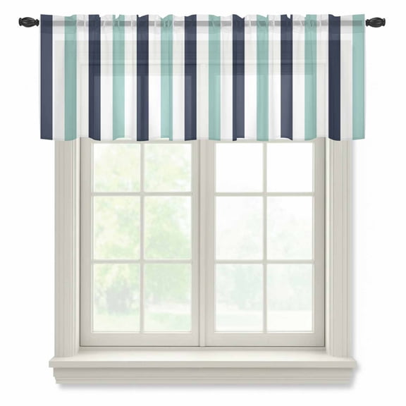 Turquoise Navy Blue Striped Valance Curtains for Kitchen/Living Room/Bathroom/Bedroom Window, Rod Pocket Small Topper Half Short Window Curtains Voile Sheer Scarf, Farmhouse Stripe Art 54"x18"
