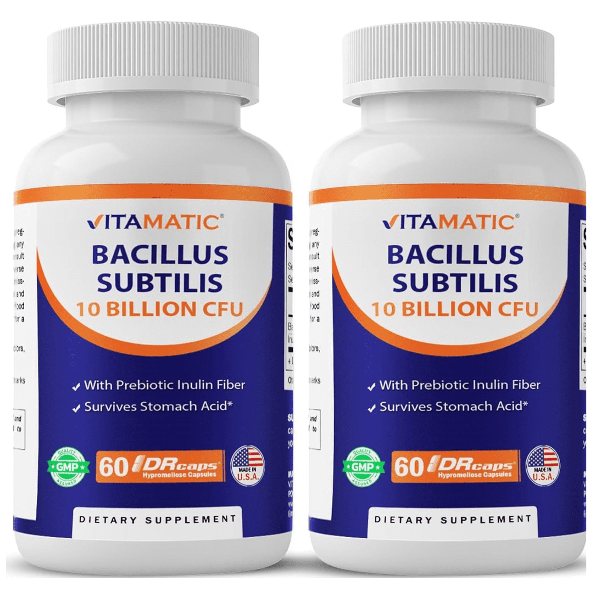 2 pack Vitamatic Bacillus Subtilis 10 Billion per DR Capsule - 60 Count - Digestive, Gut & Immune Health Support - Made with Prebiotic Inulin Fiber