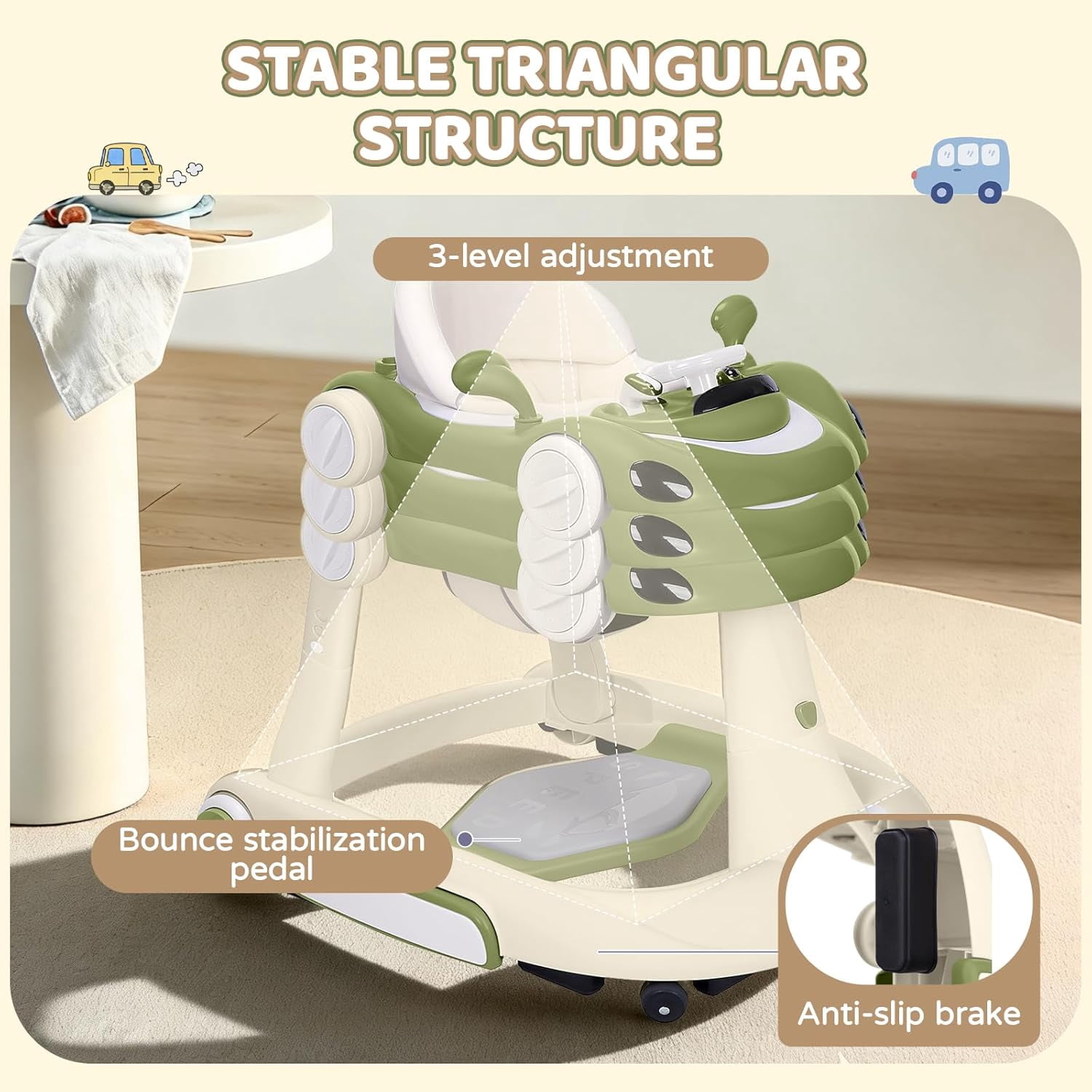 5 in 1 Baby Walker for Boys Girls,Foldable,Music,Jumper,Rocking,Push W/ 3 Height Adjustable for Infant 6-18 Months,Bean Green