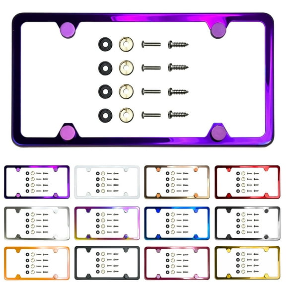 Slim 4 Holes Style Powder Coated Candy Purple Stainless Steel License Plate Frame with Aluminum Screw Cap