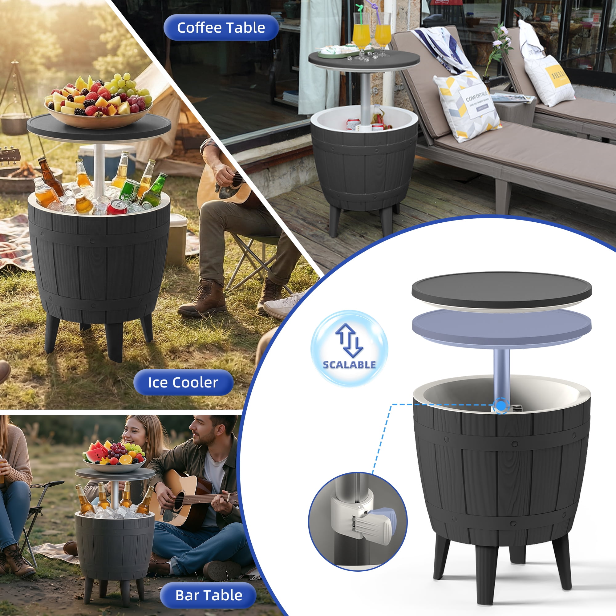 Fazzn  Outdoor Cooler Side Table - 3 in 1 - Designed for use as Outdoor Side Table, Patio Decor and Ice Chest.Black/Brown