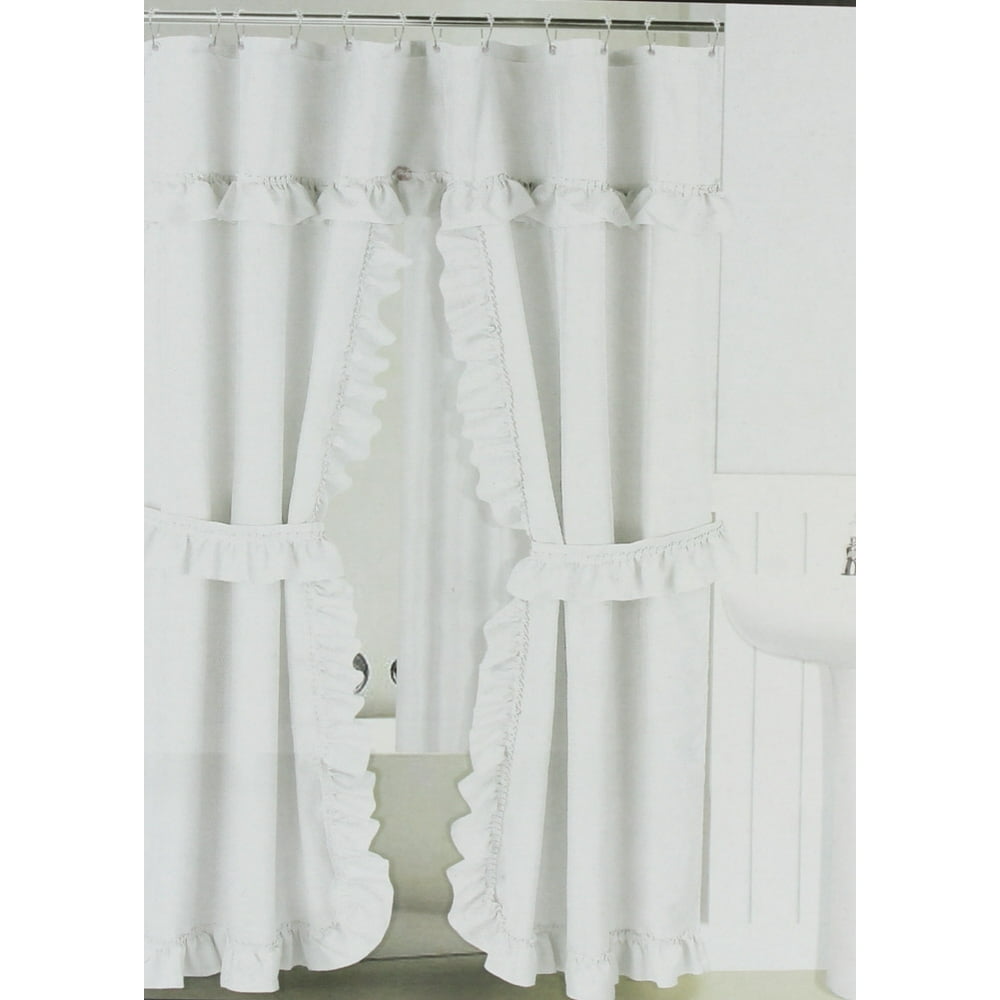 White Ruffled Double Swag Shower Curtain & Liner 70" x 72" w/12 Roller