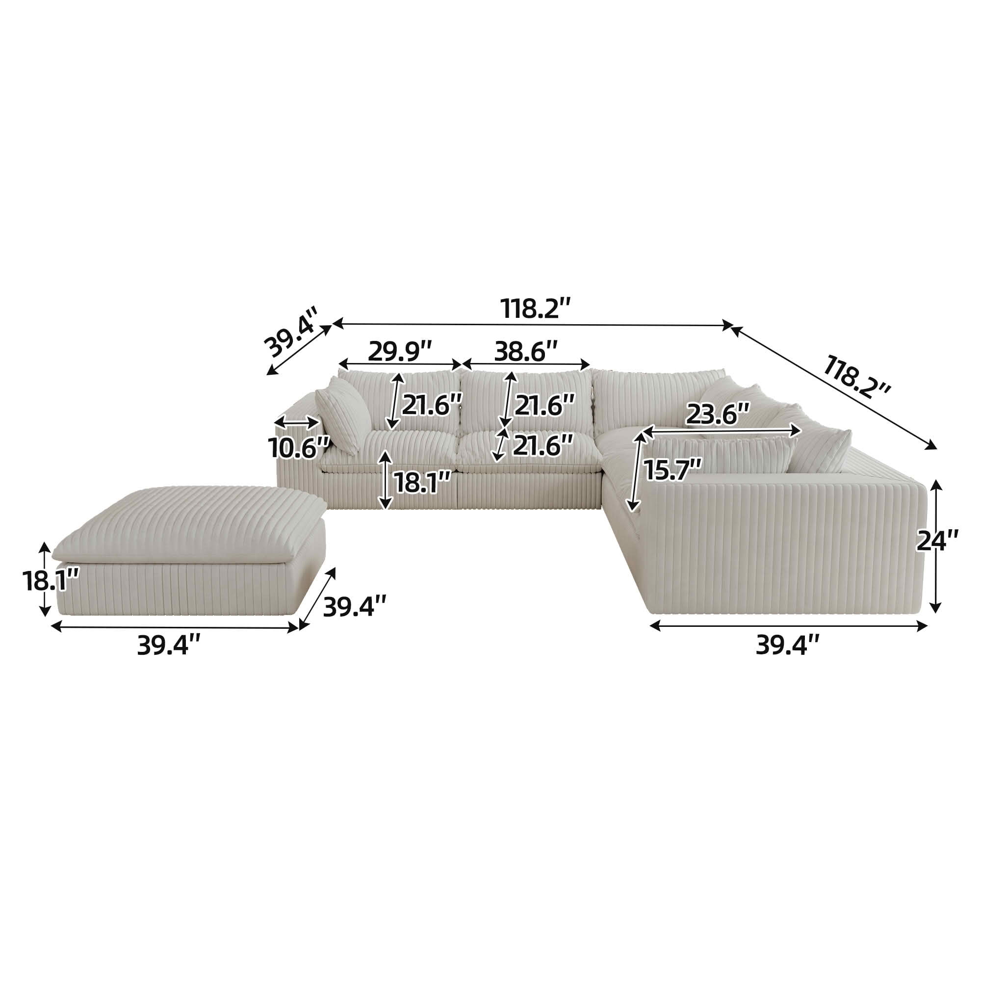 MAYEERTY 118.2" Cloud Corduroy Sofa, Deep Seat Double-Layer Design, Removable Cushion No Assembly, DIY Combination, White