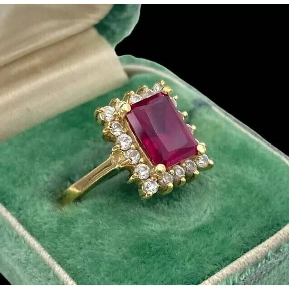 3.22Ct Emerald Cut Lab-Created Red Ruby Halo Anniversary Gift Ring 14K Yellow Gold Plated Silver