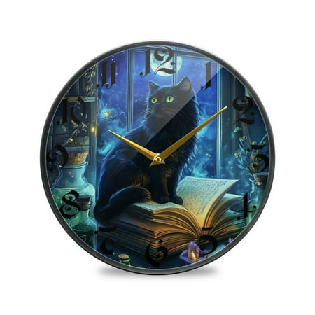 WOBOGO Black Cat Green Pupil Acrylic Wall Clock Battery Operated 11.9in Silent No Tick Bedroom Living Room Office Classroom Decoration