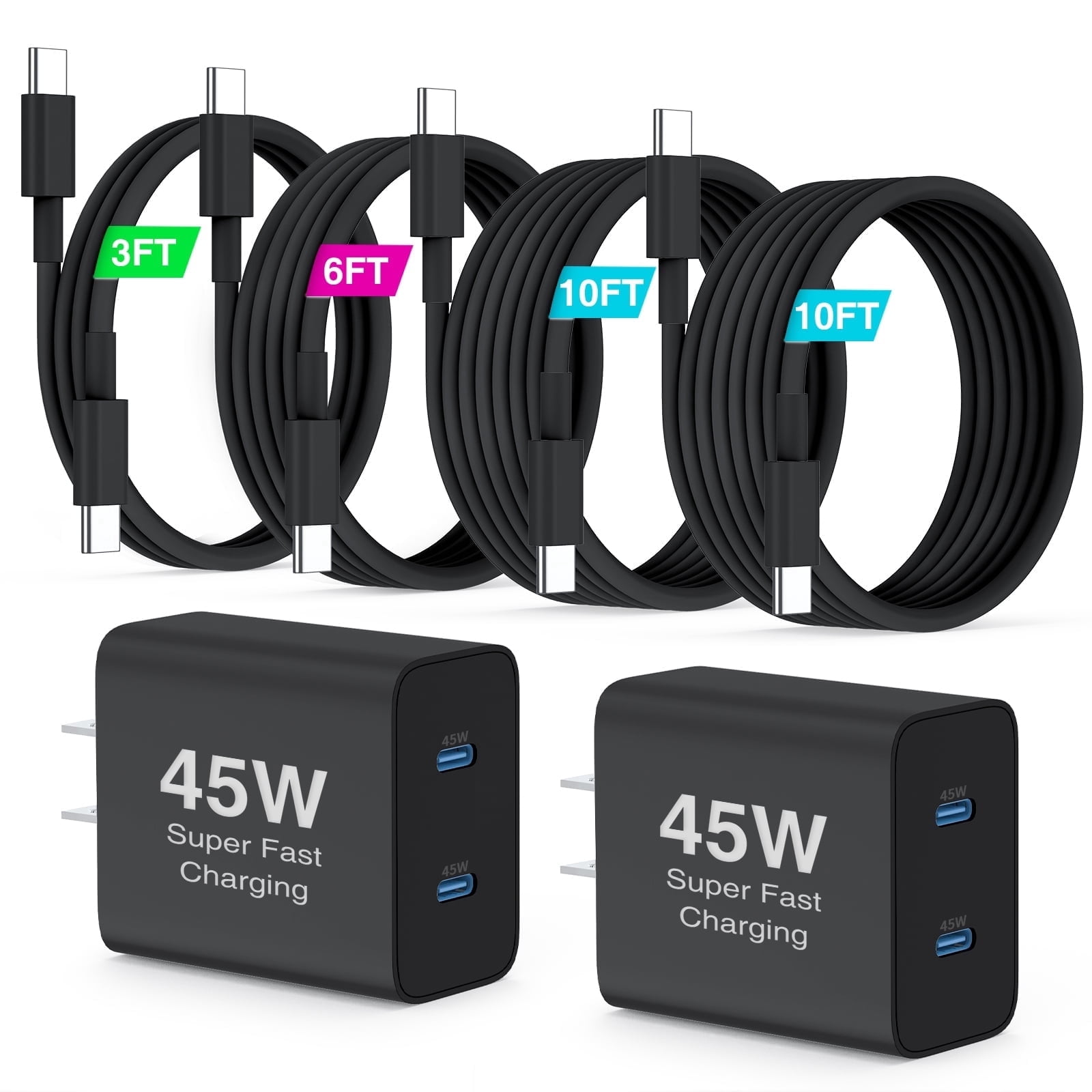 Super Fast Samsung Charger Type C, 45W Dual Port Android Phone Fast Charging USB C Wall Charger 2 Pack with 3/6/10/10FT USB C Cable for Samsung Galaxy S26 S25 Ultra/S24+/S23 iPhone 17 16 Case