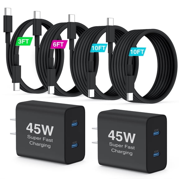 Super Fast Samsung Charger Type C, 45W Dual Port Android Phone Fast Charging USB C Wall Charger 2 Pack with 3/6/10/10FT USB C Cable for Samsung Galaxy S26 S25 Ultra/S24 /S23 iPhone 17 16 Case