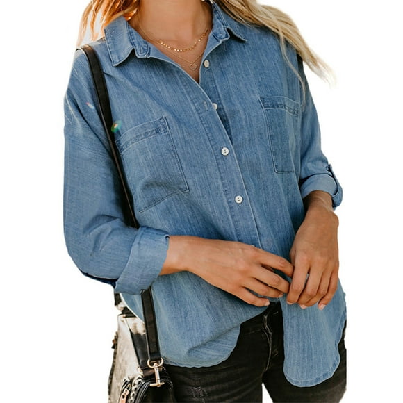 Bellella Ladies Cowboy Shirt Lapel Neck Denim Long Sleeve Jean Elegant Button Down Tops Women Tunic Blouse Lake Blue M