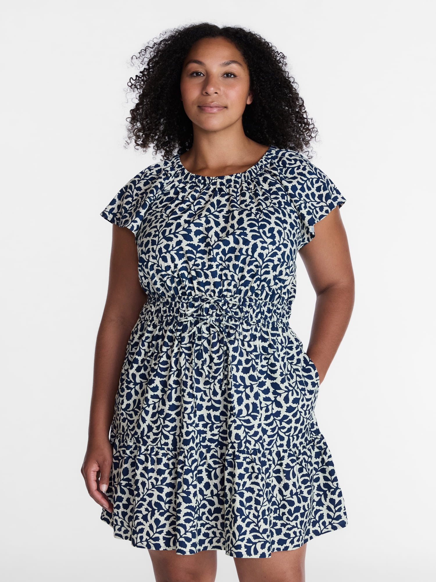 Time and Tru Women's Cinched Waist Mini Dress with Flutter Sleeves, Sizes XS-XXXL