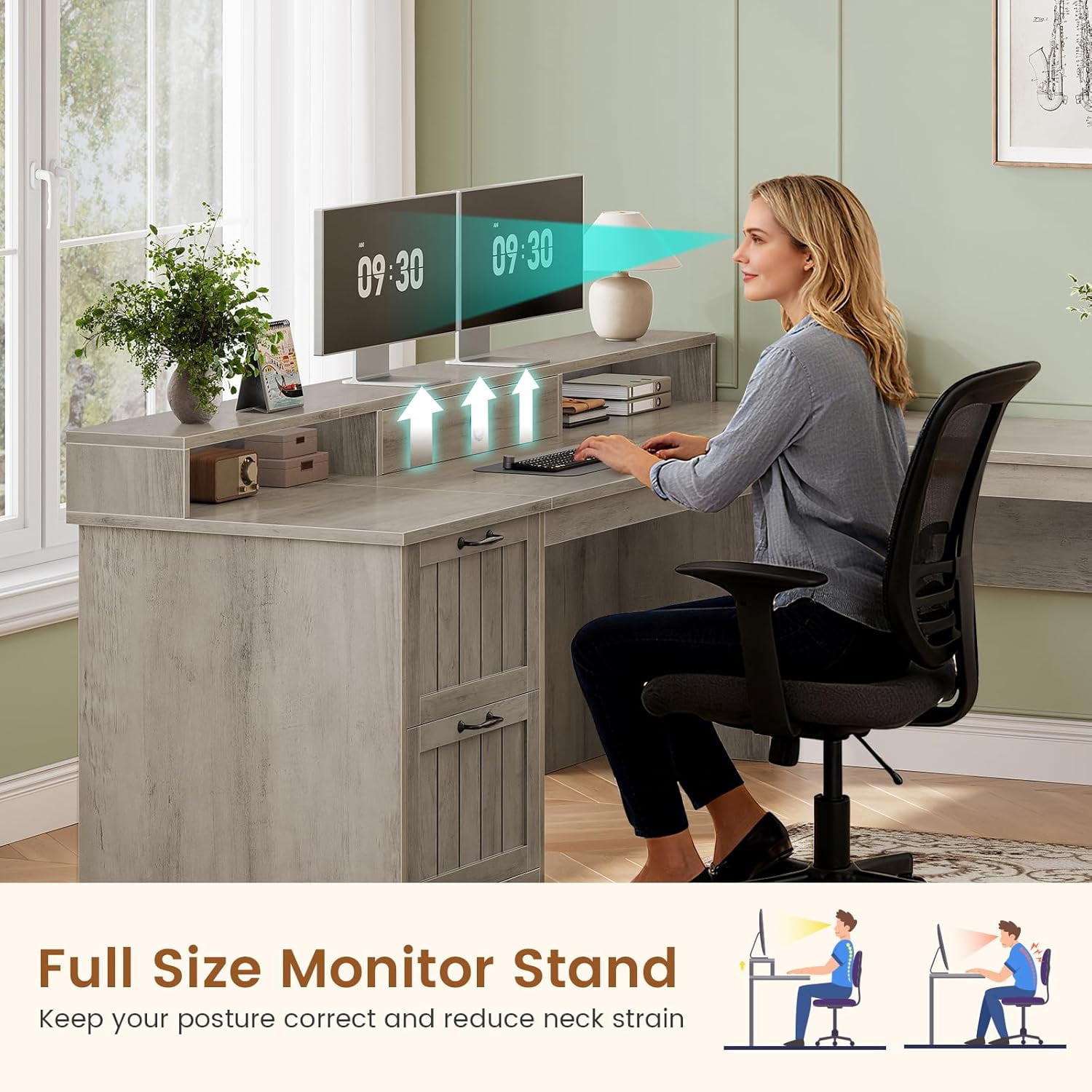 Farmhouse L Shaped Desk with Storage, Rustic Corner Desk with Monitor Stand, Desktop Organizer Drawer, 2 File Drawers & 1 Cabinet, Home Office Desk with Spacious Desktop, Large PC Workstation, Grey