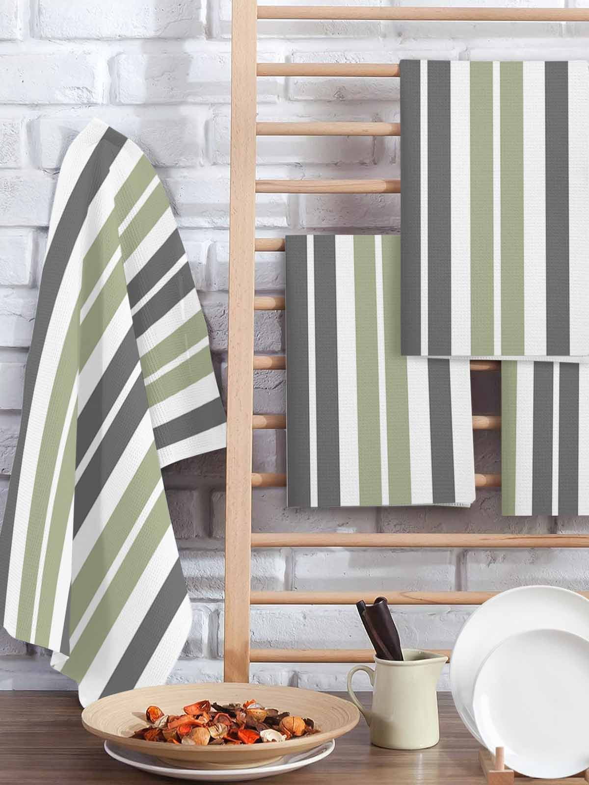 Sage Green Grey Striped Hand Towels Set, Waffle Weave Kitchen Towels 3 Pieces, Gray Modern Abstract Art Microfiber Hair Face Bath Tea Towel Absorbent Quick Drying Cleaning Dish Cloths 15.7"x23.6"