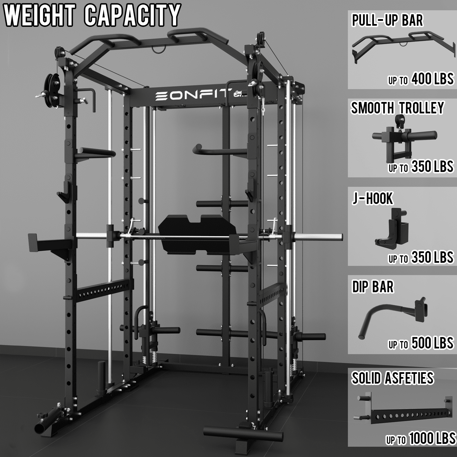Eonfit E5 Smith Machine with Vertical Leg Press, Power Cage Squat Rack with LAT-Pull Down Cable Crossover Rotating Arms System Home Gym Equipment All in One (E5 BLK)