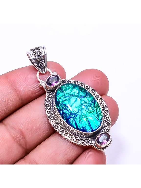 Triplet Opal & Rainbow Mystic Fire Topaz Fine Art 925 Sterling Silver Pendant 2.34", Cyan Opal Pendant P_9506_346_72