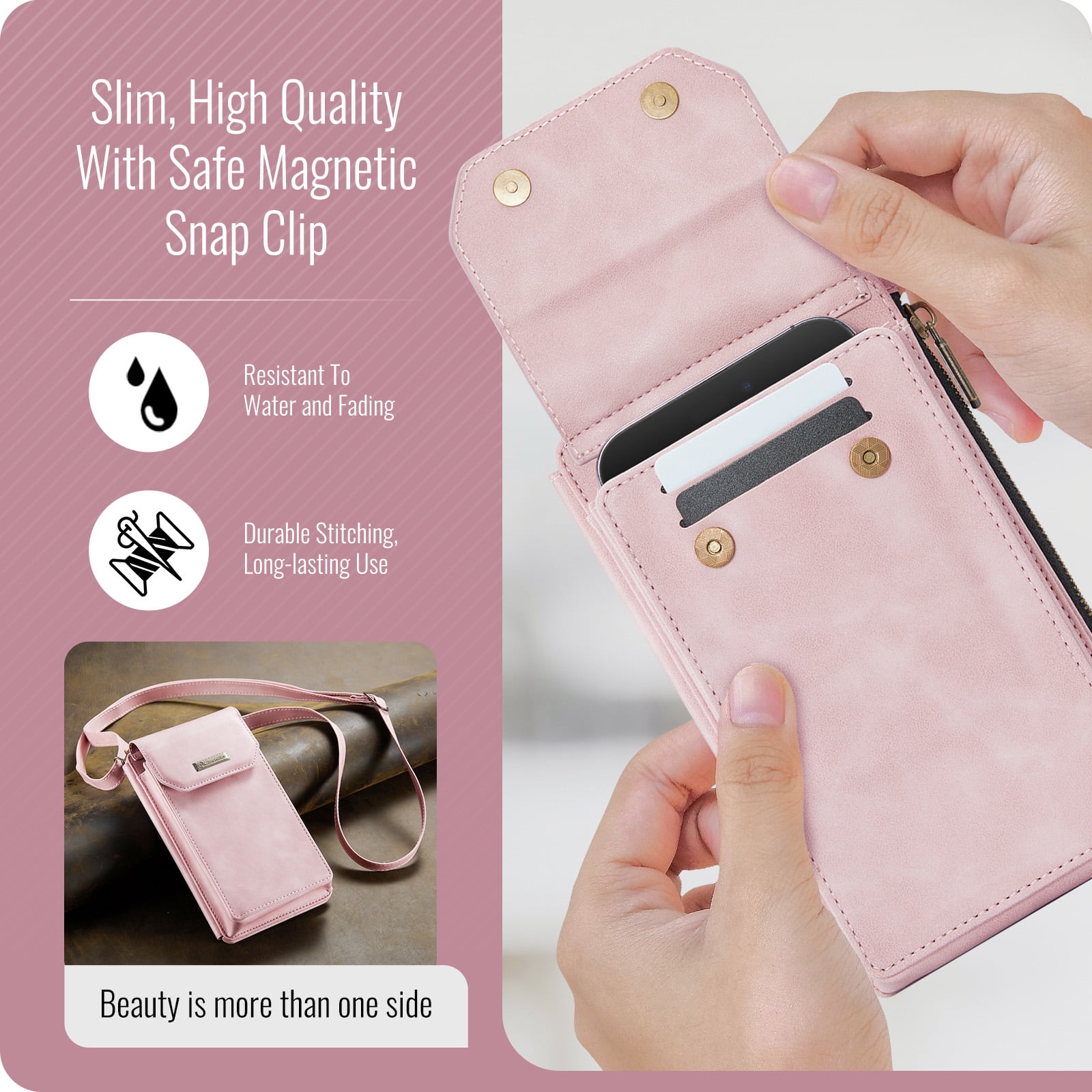 Crossbody Cell Phone Purse Bag for Women Men, Small Leather Wallet with 10 Card Slots, Zipper Pocket & Adjustable Strap Shoulder Bag Clutch with Magnetic Closure Fits Most Smartphones Under 7.3",Pink