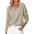 thumbnail image 2 of Female Long Sleeve V Neck Sweaters Fall Casual Classic Soft Loose Fit Basic Pullover Jumper Top Gray Apricot XL, 2 of 10