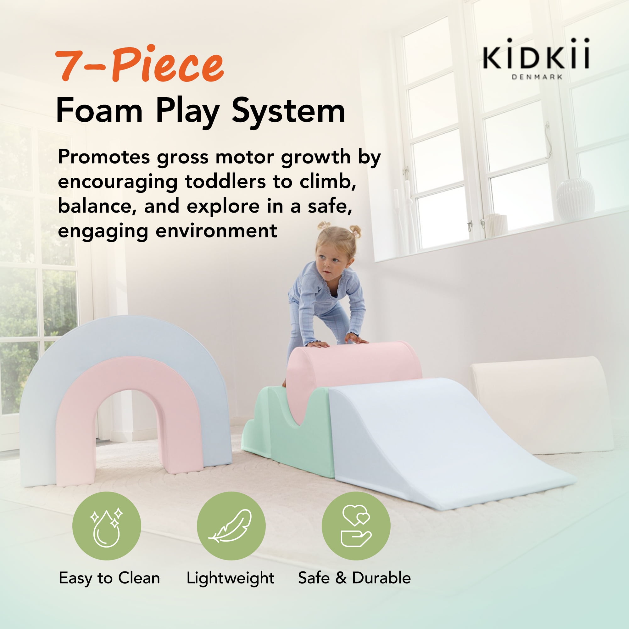KIDKII Rainbow Play Set 7-Piece Foam Climbing & Motor Skill Play Kit, Pastel Mix