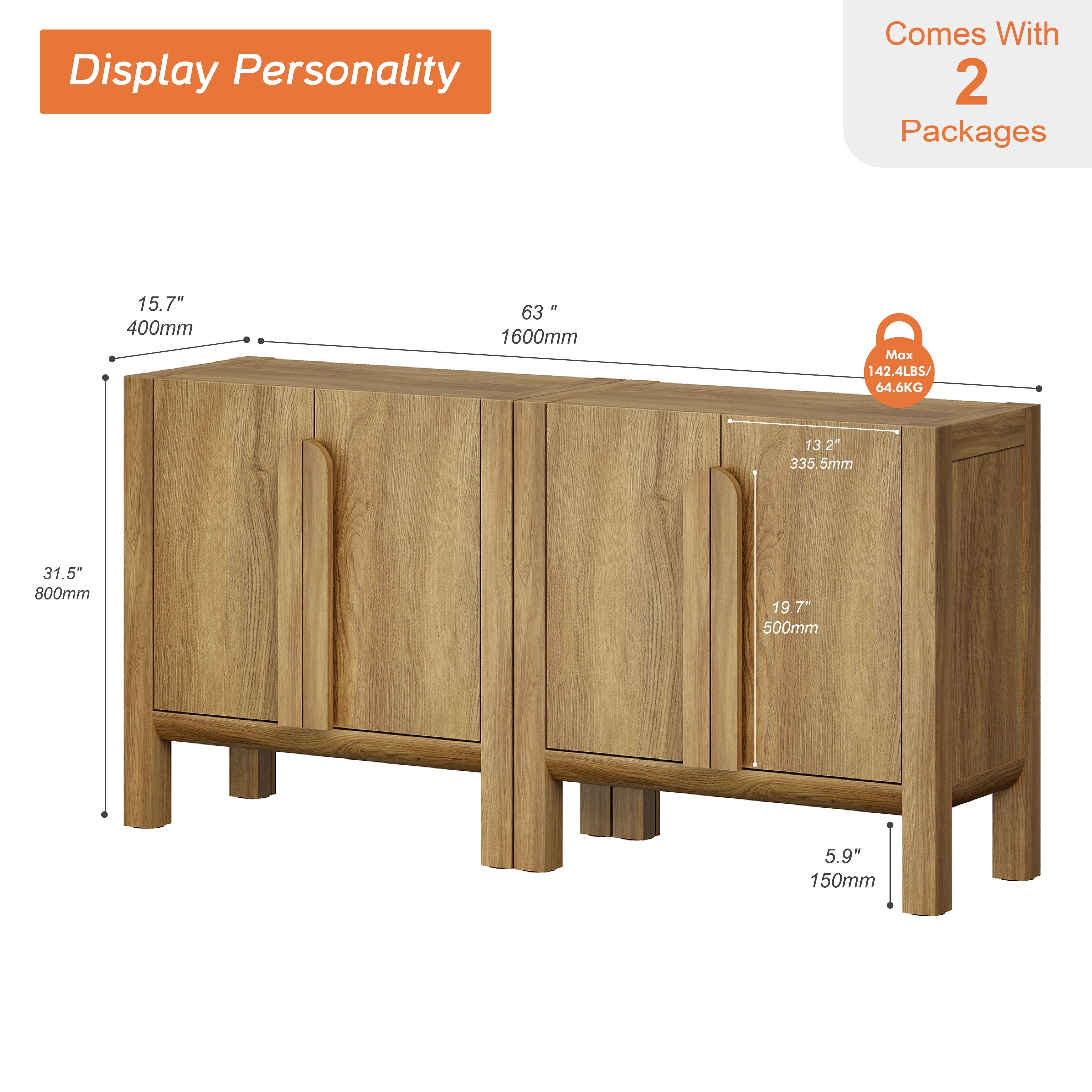 63" Mid-Century Modern TV Stand with Storage, Entertainment Center with 4 Doors and Adjustable Shelves,Wooden TV Console for Living Room